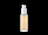 Glass pump bottle with golden serum isolated on transparent background, ready for beauty, skincare, cosmetic packaging, product mockup, sticker, and print on demand design use.