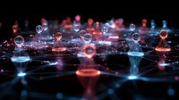 Glowing network nodes connected by light trails on dark background create futuristic technology visualization with blue and red illumination effects.
