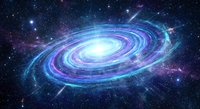 Spiral galaxy with bright blue and purple swirls against starry cosmic background. Space astronomy concept for science education and digital art projects.