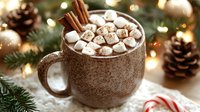 Cozy mug of hot chocolate topped with marshmallows, cinnamon sticks and cocoa powder against blurred Christmas background with pine cones and candy cane decorations.