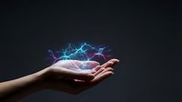 Human hands cupping glowing digital network connections with bright blue and purple light effects against dark background for technology concepts.