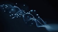 Glowing blue waves and particles flow across dark background creating dynamic motion effect with light dots and curved lines for technology designs.