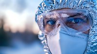 Close up portrait of medical worker in protective suit, face mask and safety goggles during winter conditions with frost on protective equipment. Healthcare concept.