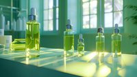 Glass dropper bottles with green liquid in sunlight casting shadows through window, spa wellness concept for natural cosmetics and aromatherapy oils.