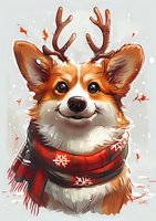 Smiling Corgi wearing reindeer antlers and red winter scarf with snowflake pattern surrounded by falling maple leaves and snow on light background.