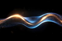 Glowing wave of blue and gold particles flowing through dark space creating magical light trail effect with sparkles and energy motion.