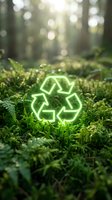Glowing green recycling symbol nestled in lush forest moss with sunlight filtering through trees, representing environmental sustainability and eco-friendly practices.