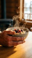 Person with medium skin tone holding warm bowl of oatmeal topped with berries and seeds, steam rising, natural window light, cozy breakfast scene for food and wellness content.