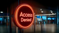 Glowing red neon access denied sign on glass wall in dark office corridor with blurred background showing modern interior space and lighting effects.