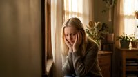 Young blonde woman experiencing headache or stress sitting by sunny window in cozy home interior with warm natural lighting and plants.
