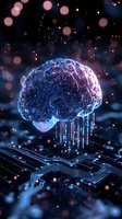 Glowing digital brain with circuit patterns floating over motherboard in dark space, illuminated by pink and blue lights with bokeh effect and streaming data particles.