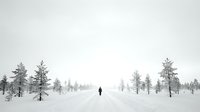 Solitary figure walking on snowy road through winter forest landscape with frost-covered evergreen trees, minimalist nature scene for travel and seasonal projects.