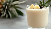 Creamy pineapple smoothie garnished with fresh fruit chunks and blueberries in glass on gray background, selective focus for food and drink photography.