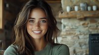 Young woman with radiant smile wearing casual green top against rustic stone wall background, natural makeup and tousled brown hair creates welcoming atmosphere.