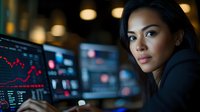 Young professional woman trader analyzing financial data on multiple computer screens in modern trading office environment at night.