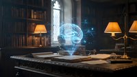 Holographic brain projection floating above antique wooden desk in classic library study with warm lamp lighting and vintage books creating futuristic learning atmosphere.
