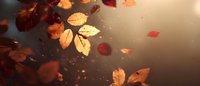 Autumn leaves falling in golden sunlight with warm bokeh effect, creating atmospheric seasonal mood for nature backgrounds.