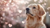 Cream-colored dog looking upward with bokeh heart shapes and soft light background, suitable for pet care, love, and animal companionship concepts.