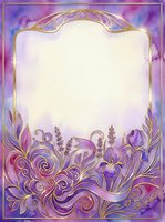 Ornate floral frame with purple and gold decorative elements, iris flowers, and swirling botanical details on watercolor background. Isolated design ready for invitations, greeting cards, posters, and digital projects.