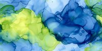 Abstract watercolor background in vibrant blue and lime green tones with fluid ink texture and organic flowing shapes creates dynamic marble effect for modern wall art.