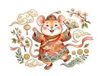 Cheerful mouse character wearing traditional red and gold clothing with decorative Asian-inspired elements, lanterns, and floral motifs on isolated white background. Suitable for festive designs, greeting cards, and merchandise.