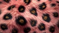 Pink furry leopard print pattern with black and gold spots on soft textured background, trendy animal print design for fashion and interior decor projects.