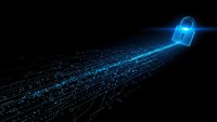 Digital security concept with glowing blue padlock and flowing data streams on dark background for cybersecurity and data protection technology designs.