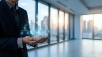 Professional businessman holding digital network icons in modern office space with city skyline view through large windows during golden hour lighting.