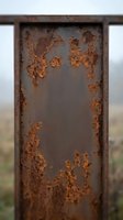 Weathered metal surface with heavy rust and corrosion patterns on industrial steel panel, showing oxidation decay and aged texture for backgrounds and design projects.