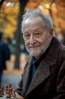 Senior Caucasian man with gray beard playing chess outdoors in autumn park, smiling warmly at camera wearing brown wool coat for lifestyle and leisure concepts.