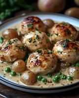 Pan-seared chicken meatballs with creamy mushroom sauce and fresh green peas garnished with herbs on white plate for gourmet dinner recipes.