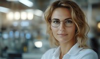 Young professional woman with blonde wavy hair and glasses smiling confidently in office setting with soft bokeh background lighting. Warm business portrait.