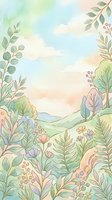 Soft watercolor nature landscape with pastel green hills, wildflowers, ferns, and delicate foliage framing a dreamy sky background.