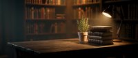 Wooden desk with stacked books, potted plant, and desk lamp in home library setting with bookshelves background for study and workspace concepts.
