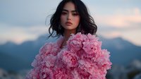Young Asian woman with dark wavy hair holding large bouquet of pink peonies against mountain landscape at sunset, soft dreamy atmosphere creates romantic mood.