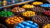 Colorful candy coated chocolate buttons in wooden bowls arranged in rows, showing variety of bright colors including blue, green, yellow, orange, red and brown.