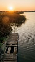 Rustic wooden dock on a calm lake at golden sunset, with reeds, lily pads, and birds in the warm glowing sky.