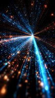 Abstract light trails converging to bright center point with blue and orange glowing particles creating dynamic perspective effect for technology backgrounds.