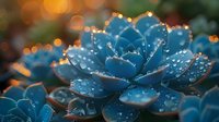 Stunning blue succulent plant with water droplets and golden bokeh lights in background, perfect for nature photography, wellness spa designs and tranquil atmosphere creation.