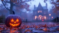 Glowing jack-o-lantern pumpkin with carved face sits on autumn leaves before spooky haunted house at twilight. Halloween decoration for seasonal marketing.
