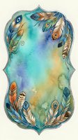Watercolor boho frame with colorful decorative feathers, teal and gold tones, ornate border, copy space for text or design.
