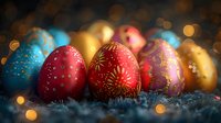 Decorated Easter eggs in vibrant red, blue, and gold with traditional folk patterns on dark background with bokeh lights and soft feathers, festive holiday composition.