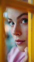 Young Caucasian woman with green eyes and natural makeup looking through yellow window frame with soft lighting and warm tones for lifestyle photography.