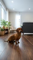 Cute red dachshund sitting on hardwood floor in bright modern living room with plants, sofa, and natural light from large windows.