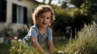 Cheerful young child with curly hair playing outdoors in garden setting with lavender plants and countryside home in background.