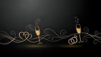 Elegant golden champagne glasses with decorative swirls and wedding rings on dark background for romantic celebrations and luxury events.