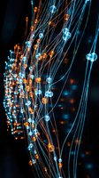 Glowing fiber optic cables with orange and blue light nodes creating abstract network connections on dark background for technology and communication concepts.