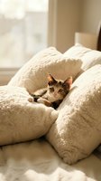 Tabby kitten nestled among cream-colored pillows on a bed near a sunlit window, looking directly at camera with curious expression. Cozy home interior scene.