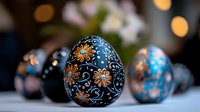 Decorative Easter eggs with intricate floral folk art pattern in blue and gold colors on dark background with soft bokeh lights and blurred eggs.