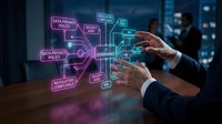 Businessman interacting with holographic data privacy and compliance interface displaying GDPR regulations and security protocols in modern office.